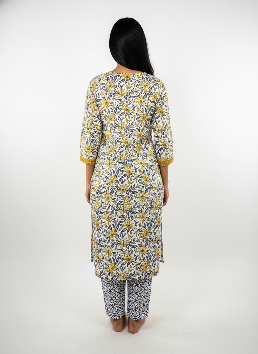 Long Cotton Kurti & Pant 2-Piece Set – Yellow & White