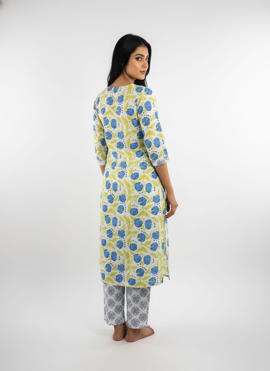 Long Cotton Kurti & Pant 2-Piece Set – Multi Color
