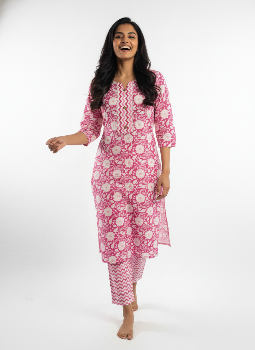 Long Cotton Kurti & Pant 2-Piece Set – Floral Pink