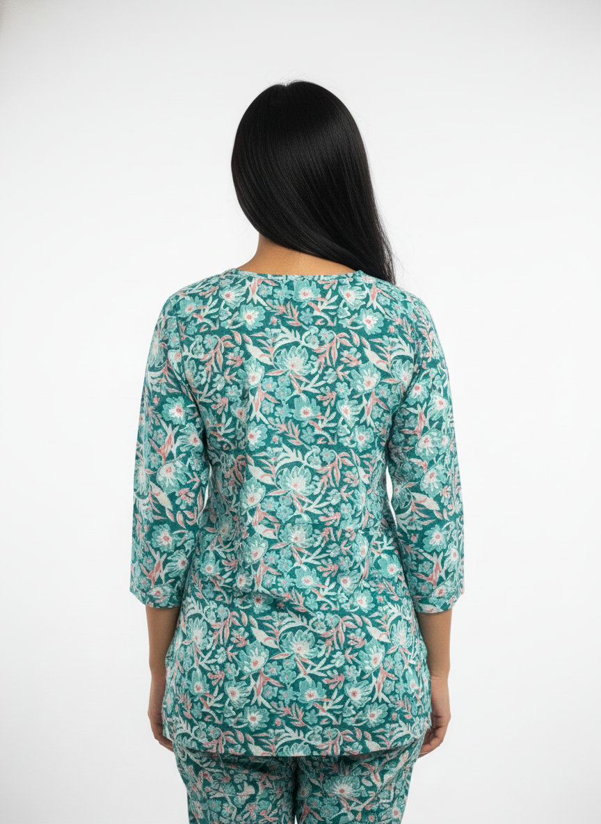 Women’s Cotton Printed Kurti & Pant Co-ord Set – Soft Green Floral Design | Comfortable Daily Wear Suit Set