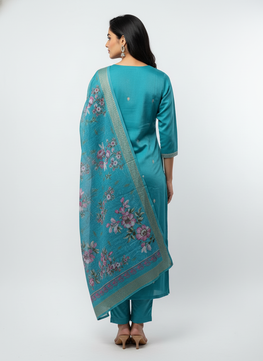 Women’s Teal Blue Embroidered Kurta Set with Printed Dupatta | Elegant Festive & Casual Wear Suit Set