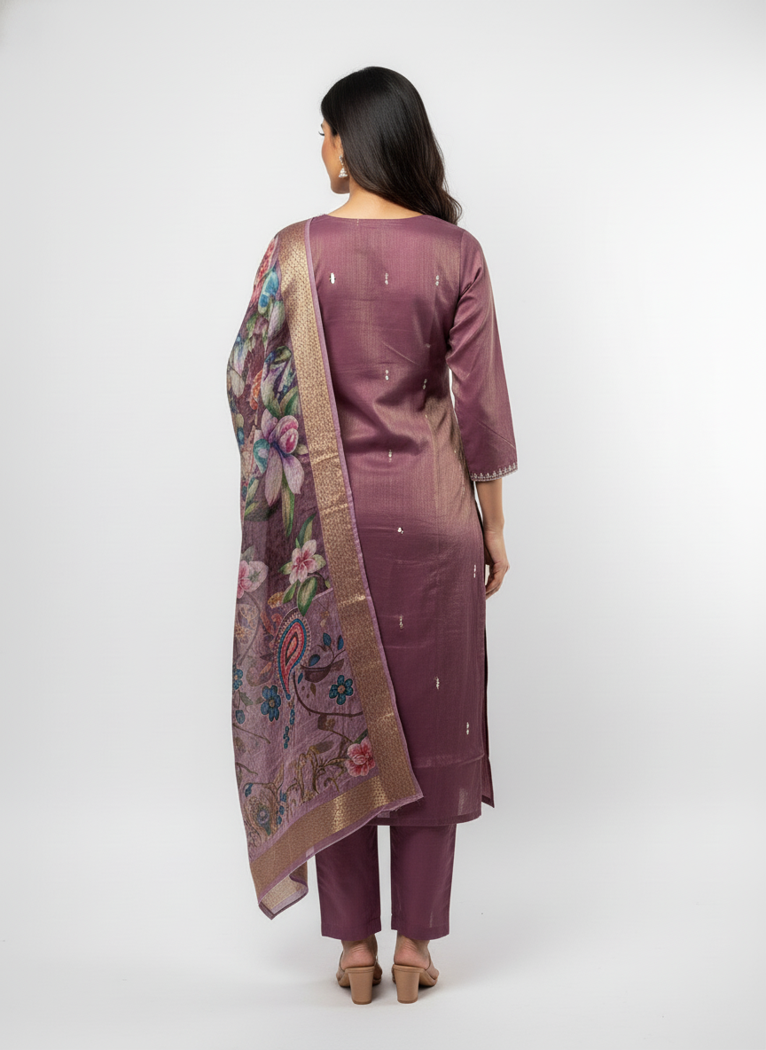 Women’s Purple Embroidered Kurta Set with Floral Digital Print Dupatta | Elegant Party & Festive Wear Suit Set