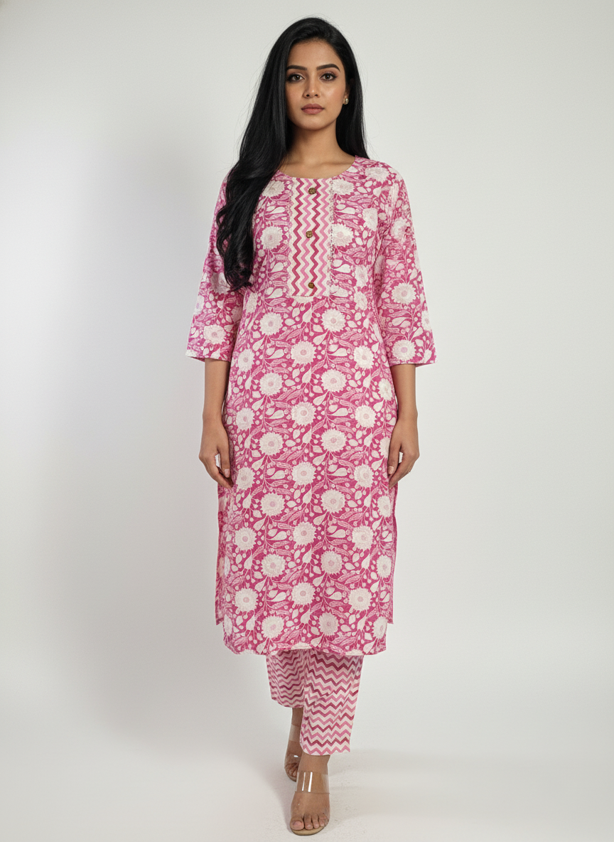 Long Cotton Kurti & Pant 2-Piece Set – Floral Pink