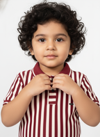 Kids Maroon & White Striped Hosiery Cotton Polo T-Shirt
