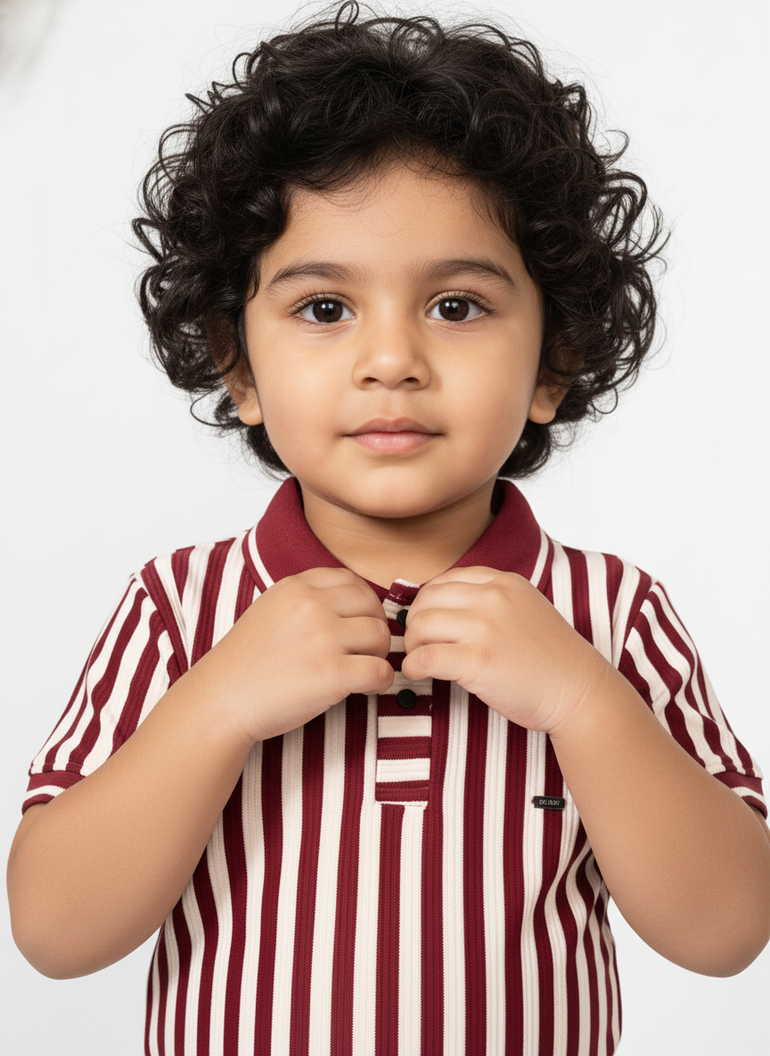 Kids Maroon & White Striped Hosiery Cotton Polo T-Shirt