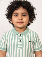 Kids Green & White Striped Hosiery Cotton Polo T-Shirt