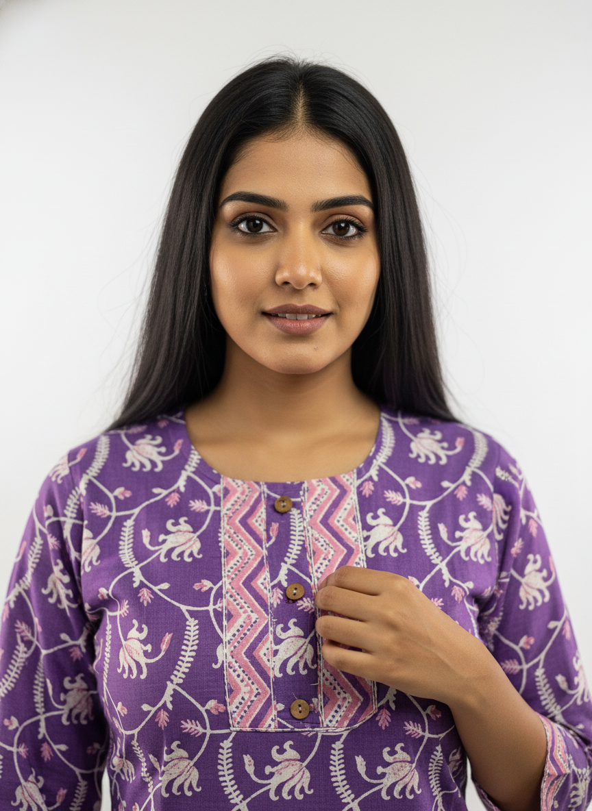 Long Cotton Kurti & Pant 2-Piece Set – Purple