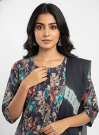 Women’s Floral Printed Kurta Pant Set with Dupatta | Navy Blue Ethnic Suit Set