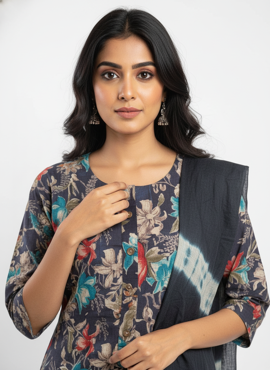 Women’s Floral Printed Kurta Pant Set with Dupatta | Navy Blue Ethnic Suit Set