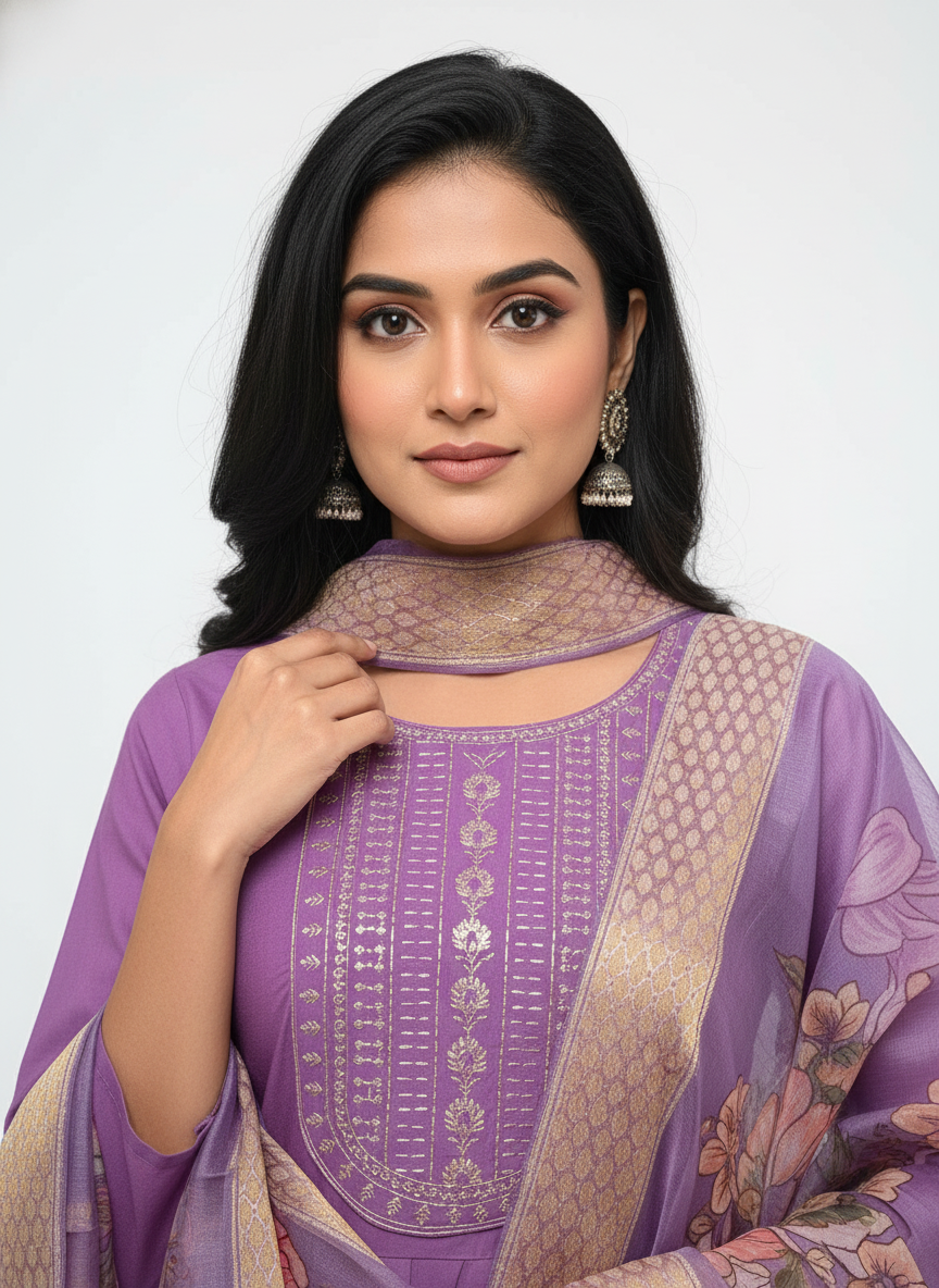 Lavender Purple Embroidered Kurta Pant Set with Floral Dupatta for Women