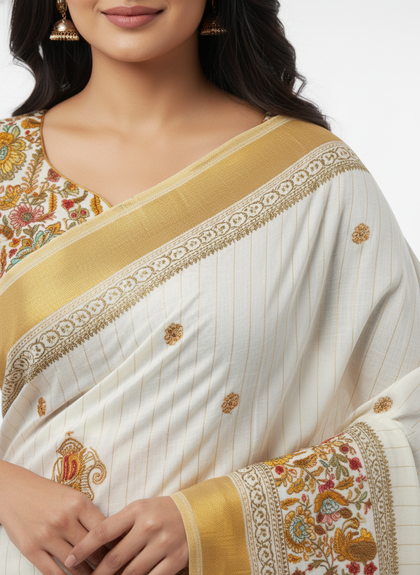 Rico Exclusive Fancy Saree with Blouse – Cream & Mustard Elephant Print