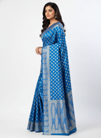 Royal Blue Woven Silk Blend Saree with Silver Polka & Paisley Border