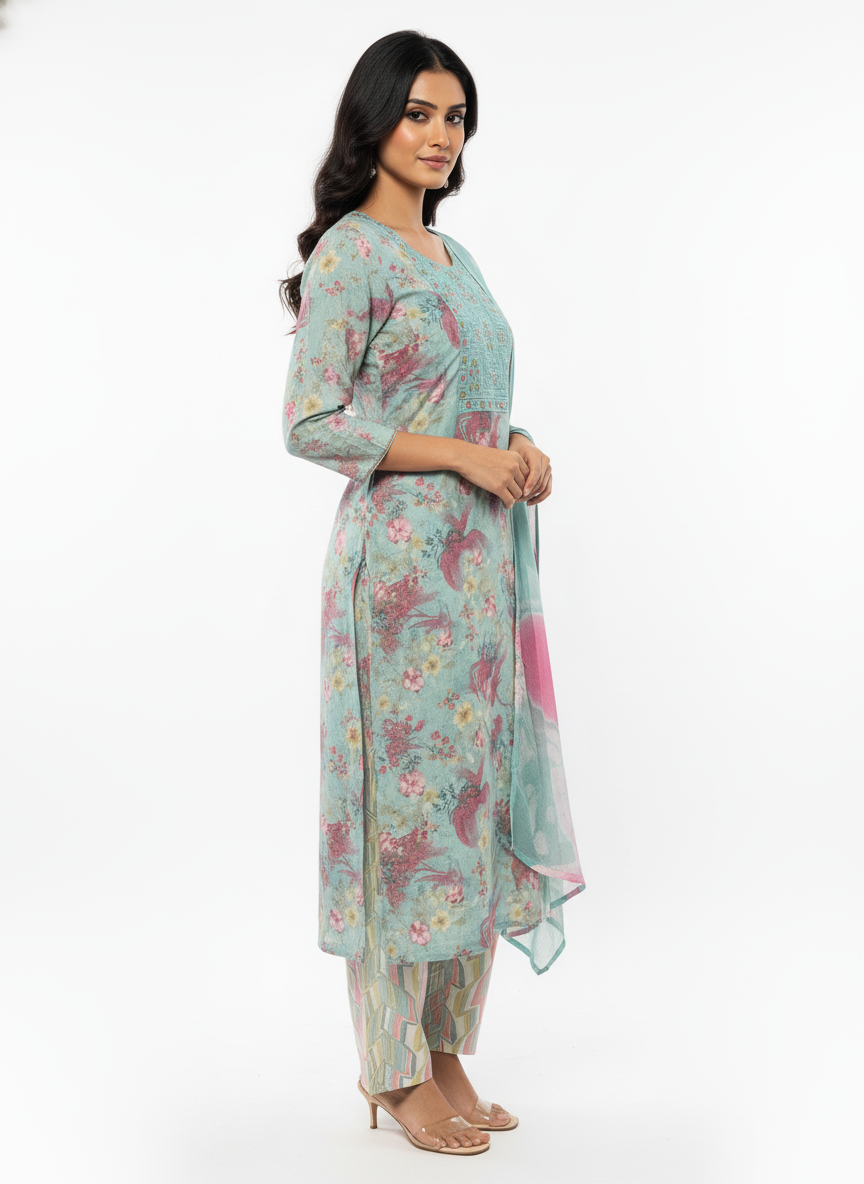 Women’s Floral Printed Straight Kurta with Matching Dupatta & Pant – Soft Pastel Green & Pink – Comfortable Daily Wear Suit Set