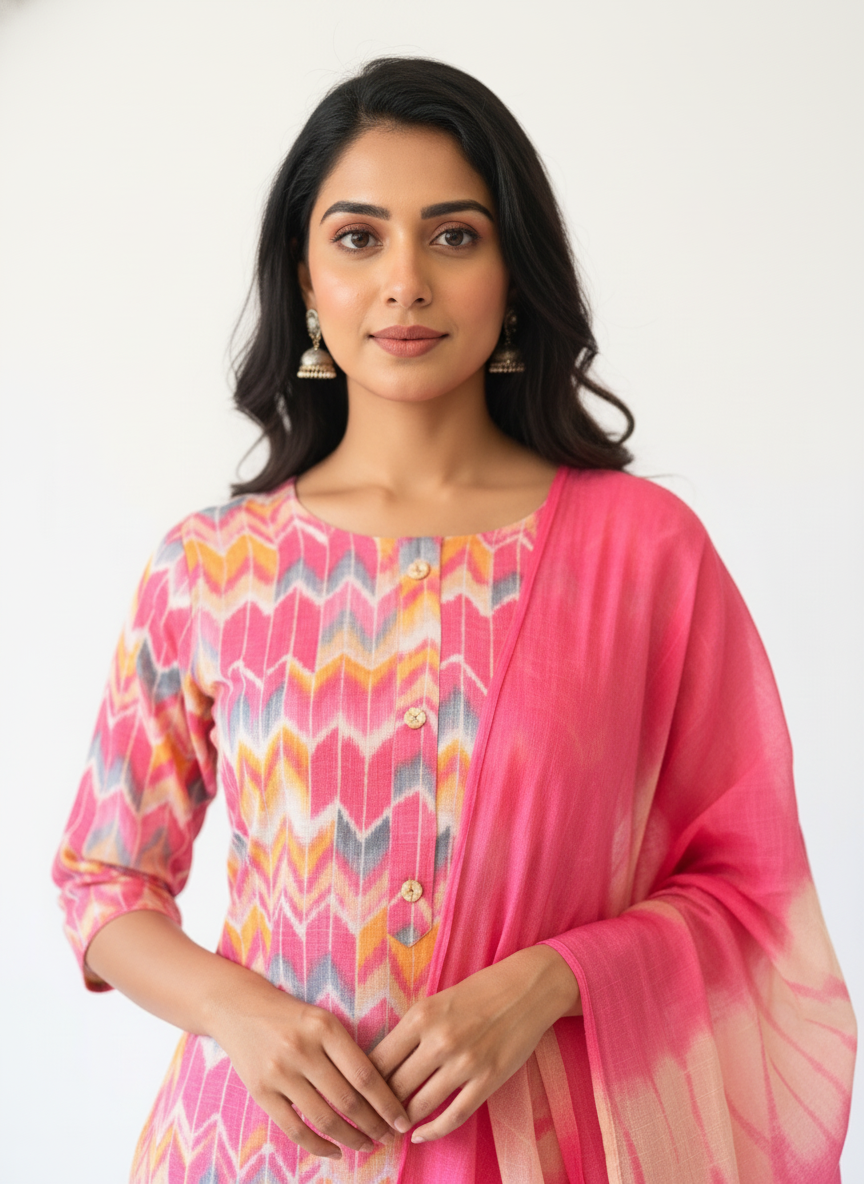 Pink Multicolor Printed Kurta Pant Set with Dupatta for Women