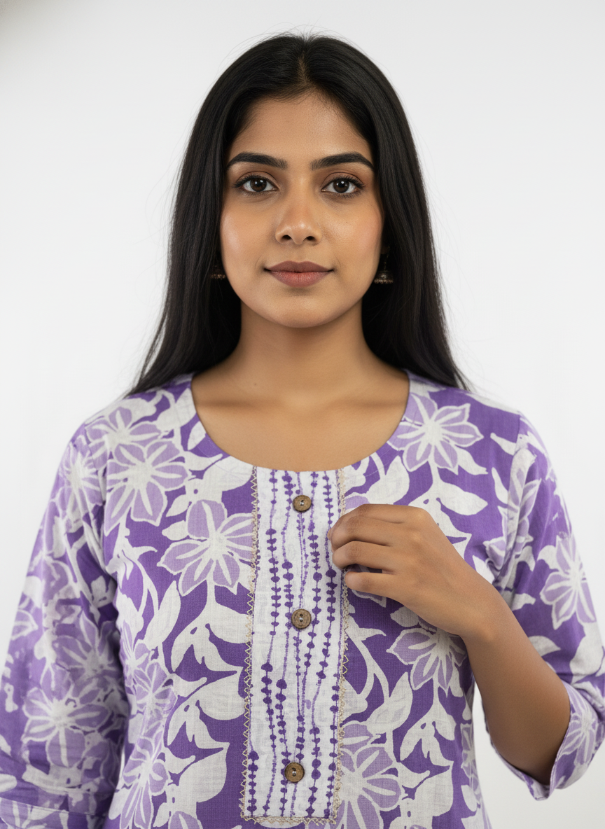 Long Cotton Kurti & Pant 2-Piece Set – Purple Light