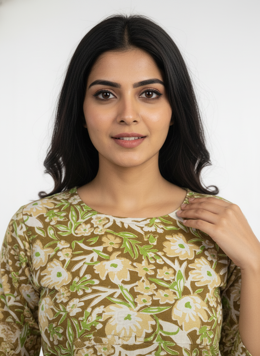 Women’s Cotton Printed Kurti & Pant Co-ord Set – Soft green flower Design | Comfortable Daily Wear Suit Set