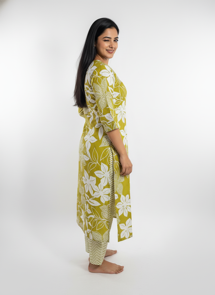 Long Cotton Kurti & Pant 2-Piece Set – Mehndi Color