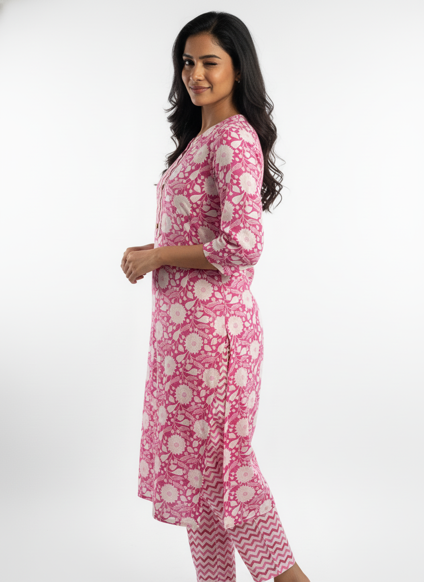 Long Cotton Kurti & Pant 2-Piece Set – Floral Pink