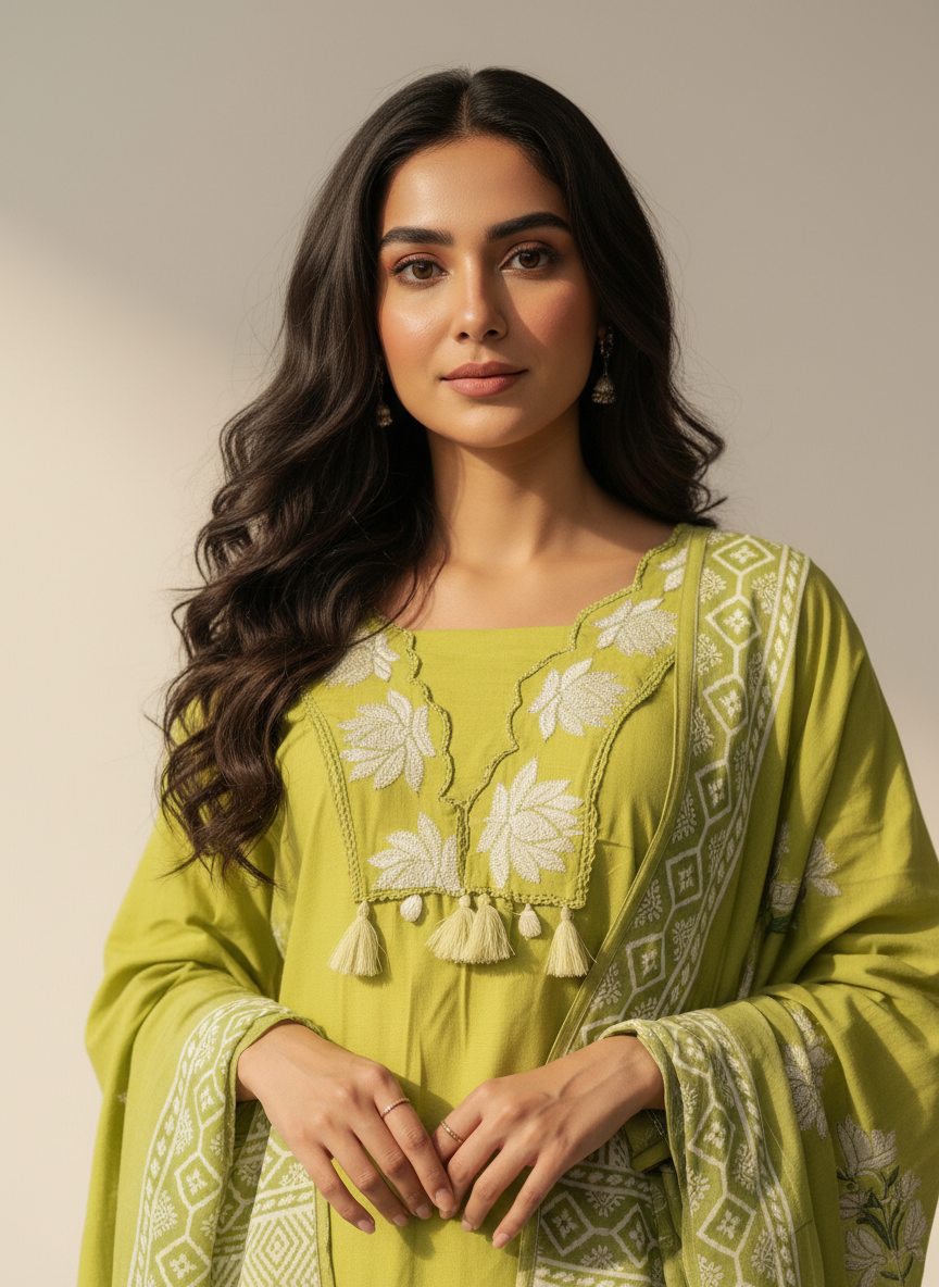 Women’s Pure Cotton Green Embroidered Kurta Pant Dupatta Set | Floral Hand Embroidery | Ethnic Wear