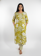 Long Cotton Kurti & Pant 2-Piece Set – Mehndi Color