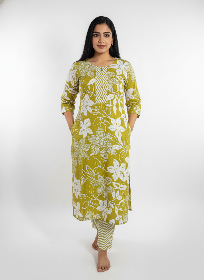 Long Cotton Kurti & Pant 2-Piece Set – Mehndi Color