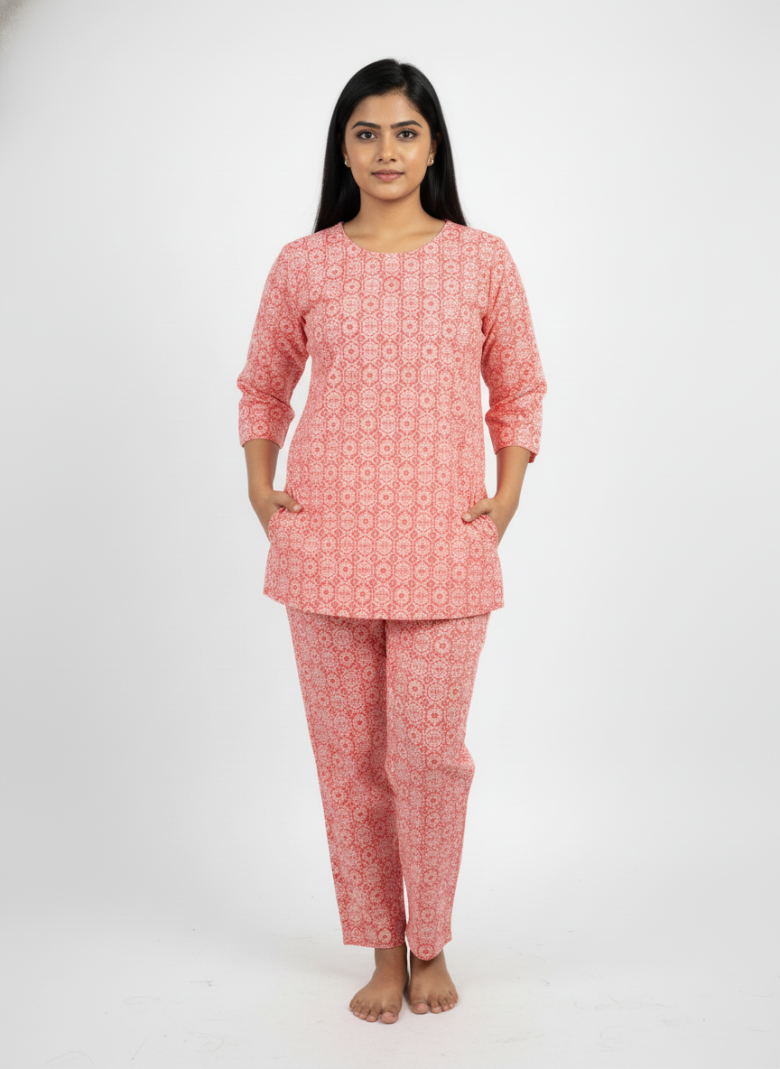 Women’s Cotton Printed Kurti & Pant Co-ord Set – Soft orange printed Design | Comfortable Daily Wear Suit Set