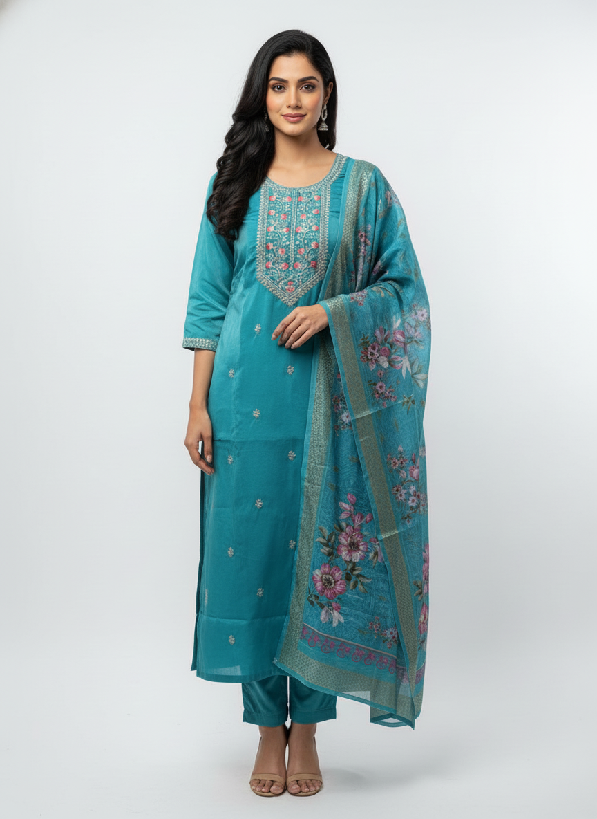 Women’s Teal Blue Embroidered Kurta Set with Printed Dupatta | Elegant Festive & Casual Wear Suit Set