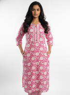 Long Cotton Kurti & Pant 2-Piece Set – Floral Pink