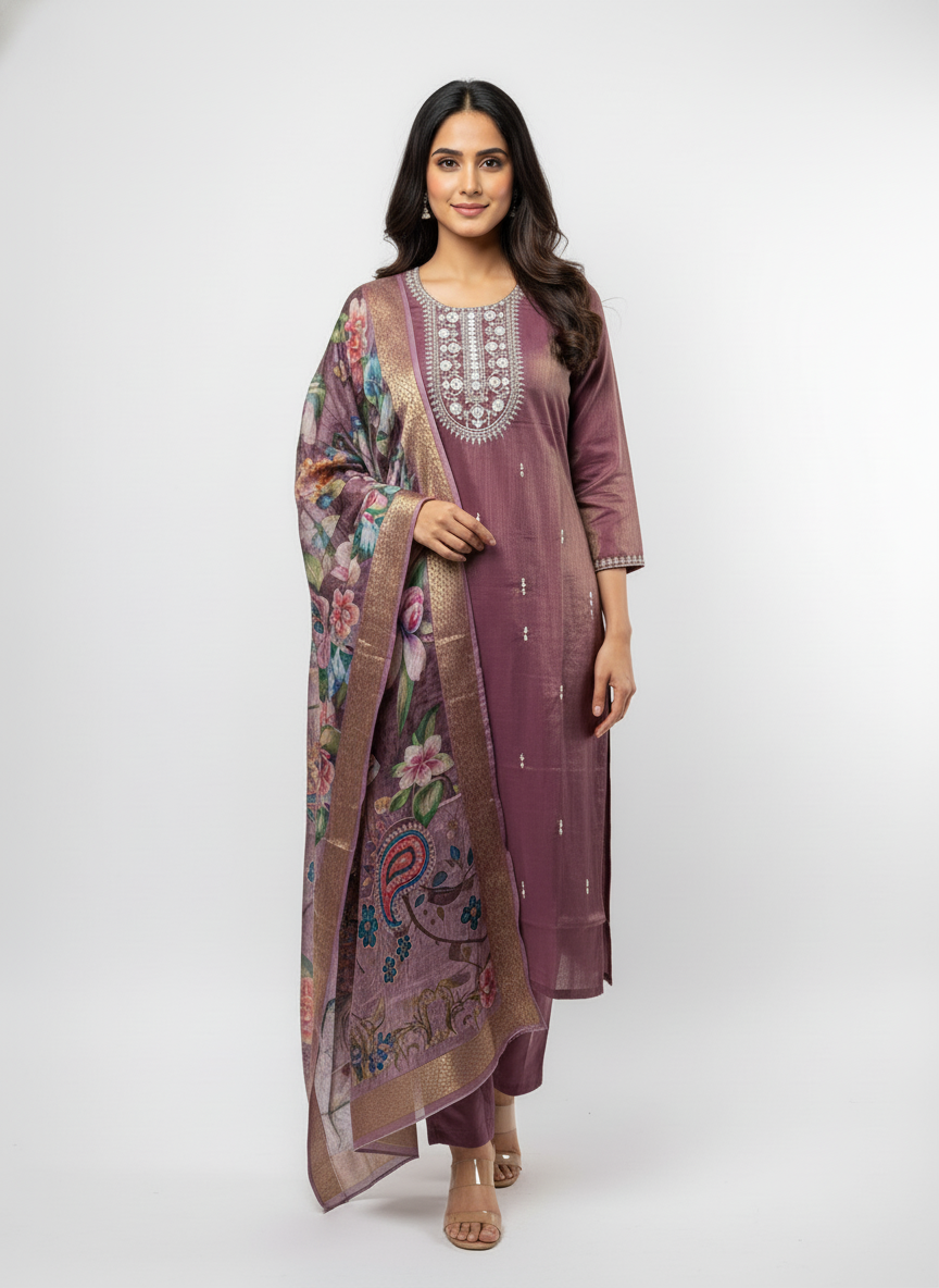 Women’s Purple Embroidered Kurta Set with Floral Digital Print Dupatta | Elegant Party & Festive Wear Suit Set
