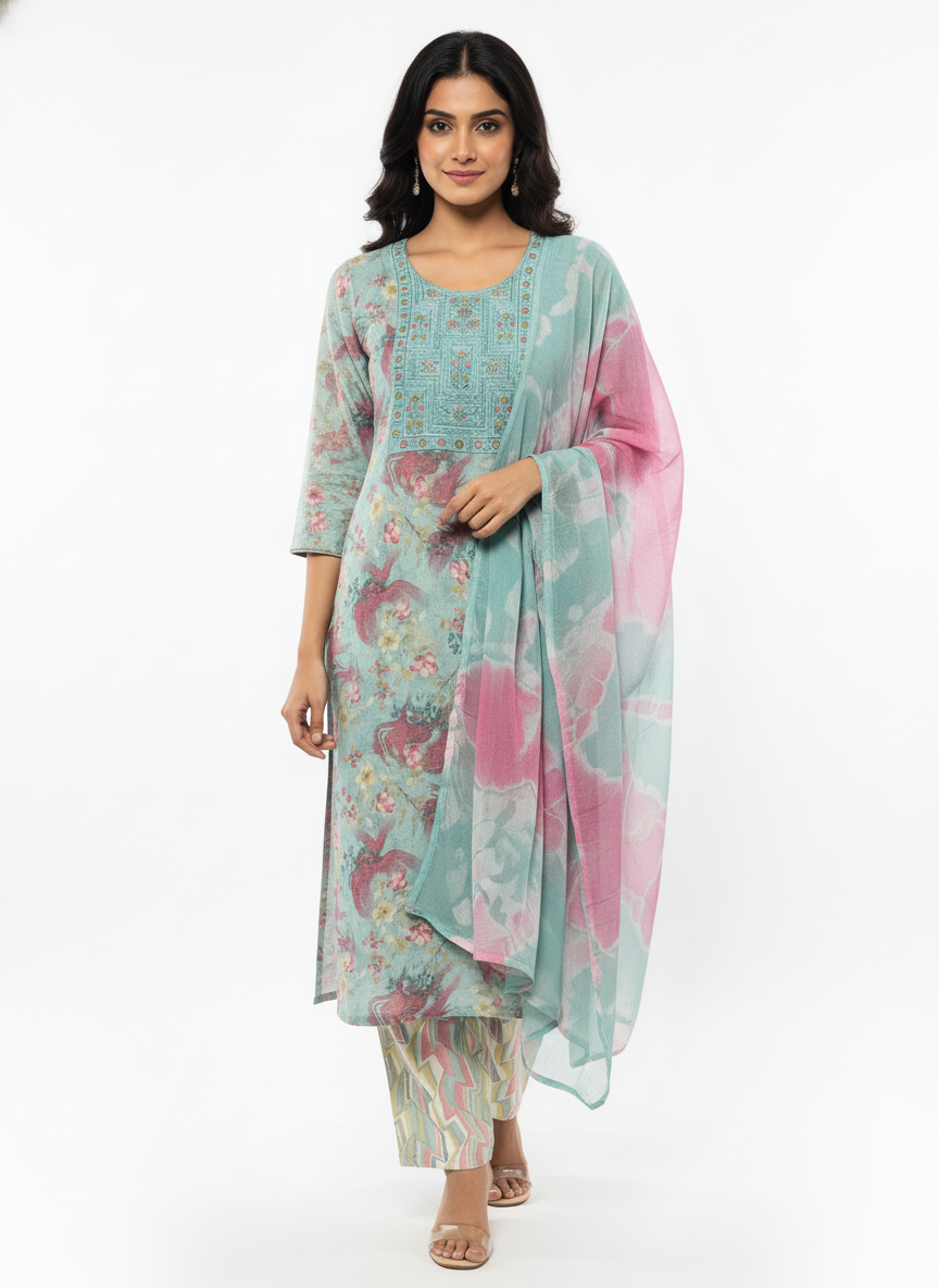 Women’s Floral Printed Straight Kurta with Matching Dupatta & Pant – Soft Pastel Green & Pink – Comfortable Daily Wear Suit Set