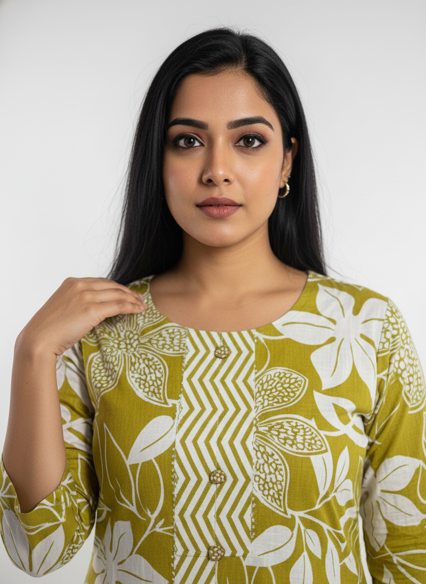 Long Cotton Kurti & Pant 2-Piece Set – Mehndi Color