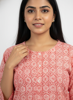 Women’s Cotton Printed Kurti & Pant Co-ord Set – Soft orange printed Design | Comfortable Daily Wear Suit Set