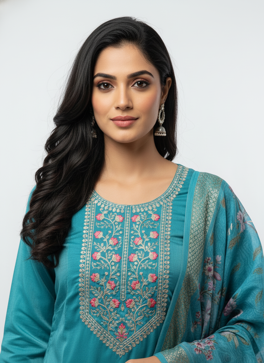 Women’s Teal Blue Embroidered Kurta Set with Printed Dupatta | Elegant Festive & Casual Wear Suit Set