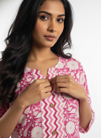 Long Cotton Kurti & Pant 2-Piece Set – Floral Pink