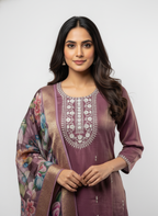 Women’s Purple Embroidered Kurta Set with Floral Digital Print Dupatta | Elegant Party & Festive Wear Suit Set