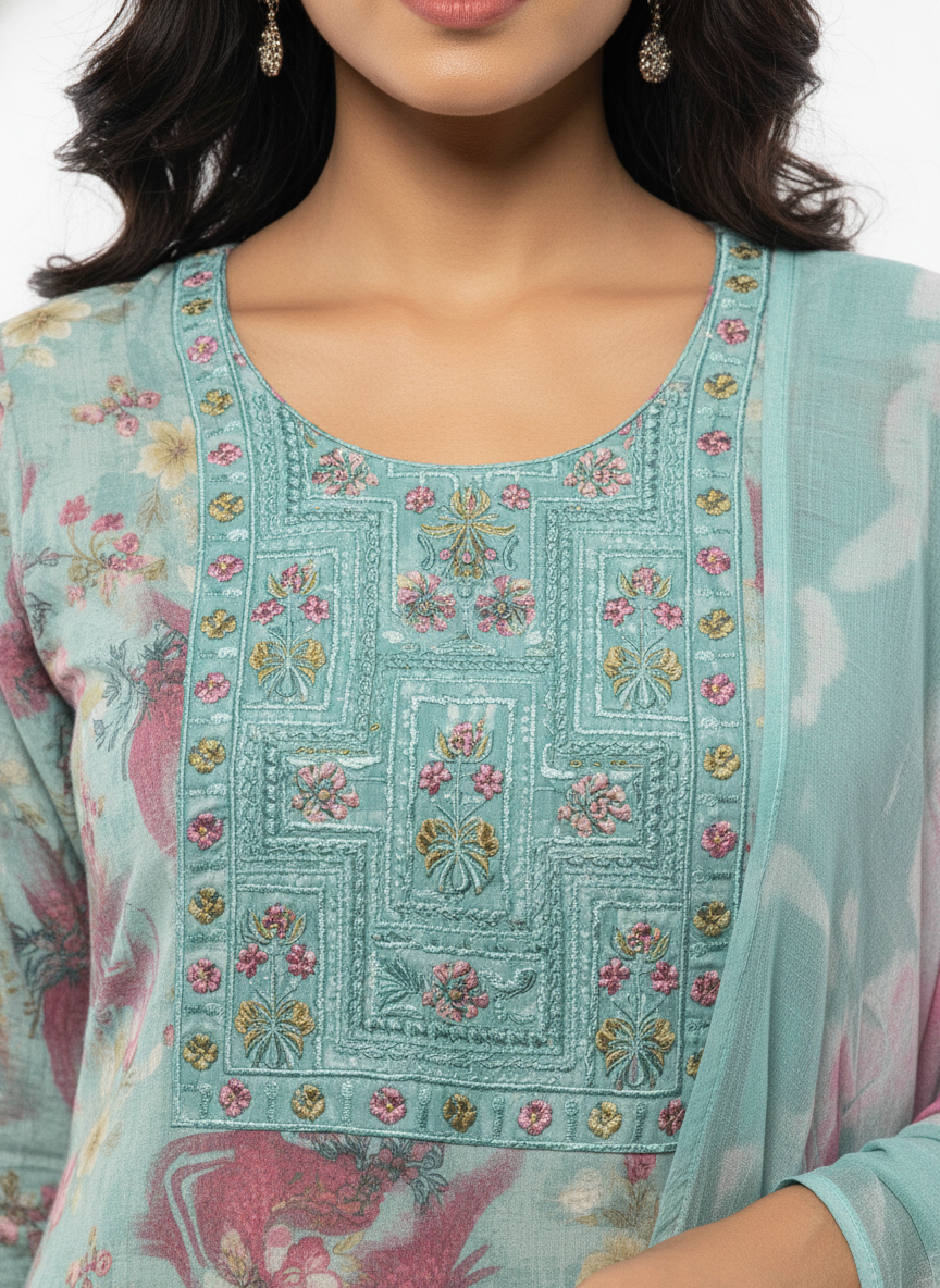 Women’s Floral Printed Straight Kurta with Matching Dupatta & Pant – Soft Pastel Green & Pink – Comfortable Daily Wear Suit Set