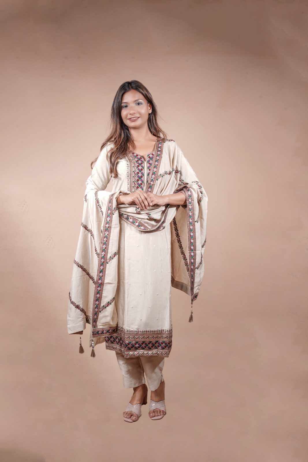 Off-White Silk Suit with Multicolored Embroidered Borders